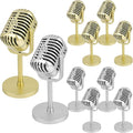 10 Pack Retro Microphone Props Fake Microphone Model with Stand Classic Vintage Plastic Antique Mic Table Decor for Halloween Party Decoration Rock Hip Hop Music Prop Pretend Play (Golden and Silver)
