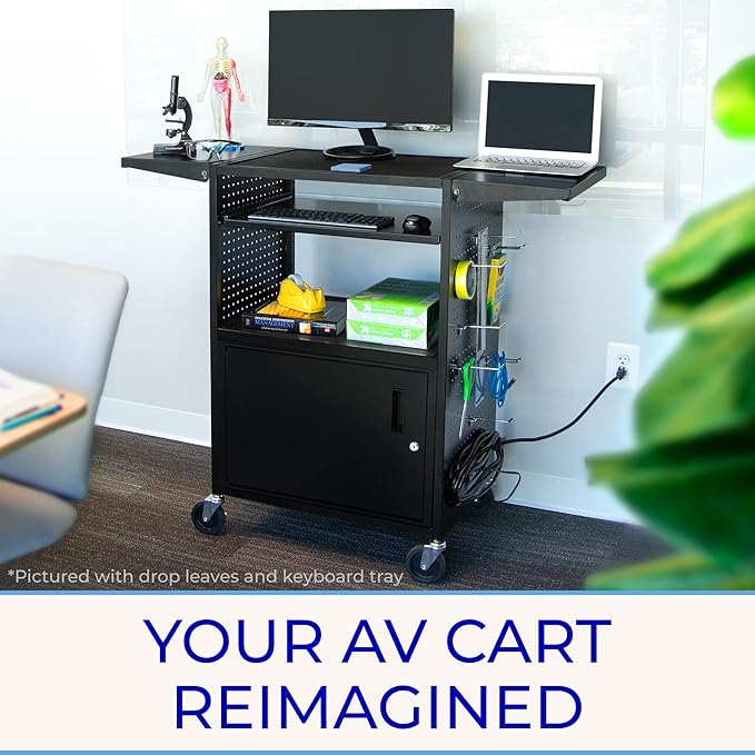 Line Leader Stellar AV Cart - Computer Cart with Customizable Pegboard & Hooks, Dual Locking Cabinets, UL Certified Power, Mobile Workstation with Locking Wheels, Ideal for Laptop & Charger Storage