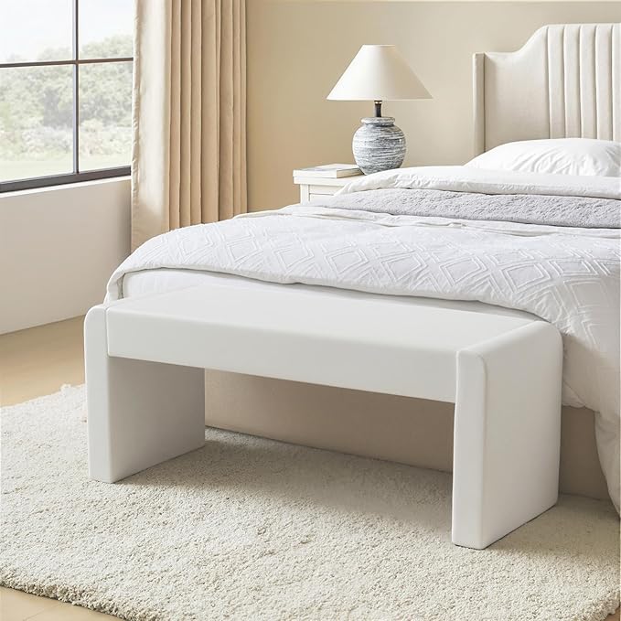 Velvet Entryway Bench End of Bed Bench Upholstered Modern Window Bench Comfy Ottoman for Dining Room/Bedroom/Living Room/Hallway/Indoor (Ivory White)