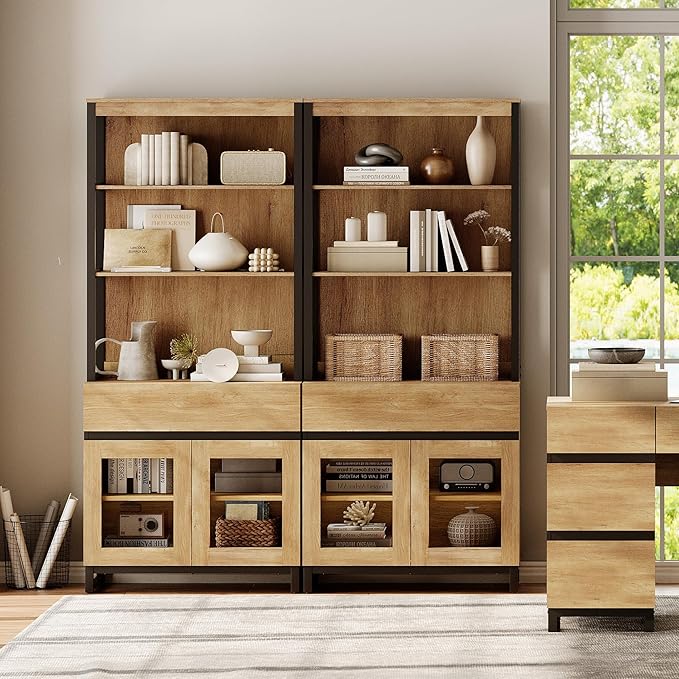 WAMPAT 2 PCS Modern 72" Tall Bookcase with 2 Drawers and Open Book Shelfs, Library Book Shelf with Storage Cabinet and Glass Doors, Wood Freestanding Bookshelves for Home Office, Living Room, Oak