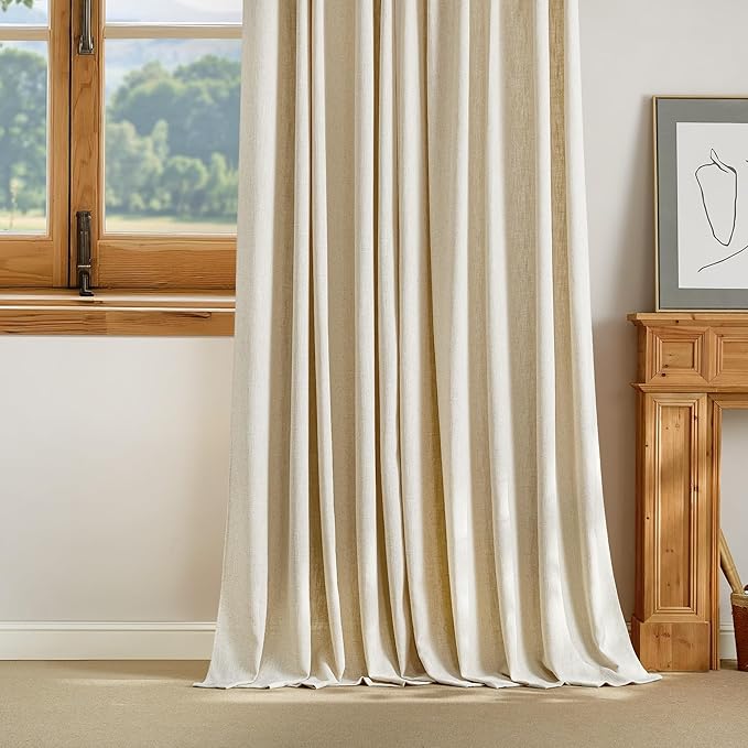NICETOWN Natural Thick Linen Curtains 96 Inches Long for Living Room 2 Panels Set, Back Tab/Rod Pocket with Pleat Tape Privacy Added Window Treatments for Farmhouse/Bedroom, W55 x L96