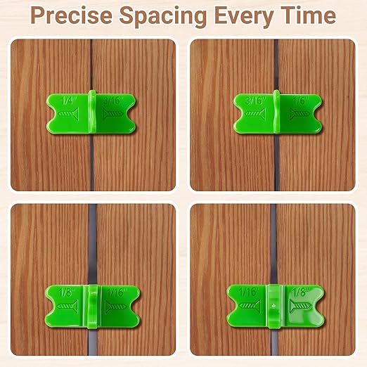 4 Pcs Deck Spacer Tool, Green Deck Board Spacers with 4 Thicknesses 1/16", 1/8", 3/16", 1/4", Deck Spacers Jig Clamp for Pressure Treated Composite Decking Boards
