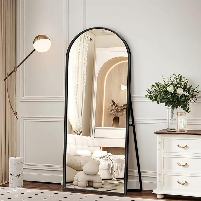 57"x20" Full Length Mirror with Stand, Shatterproof Arched Floor Mirror, Aluminum Alloy Thin Frame - Freestanding/Leaning/Wall Mount for Bedroom, Living Room & Entryway (Black)