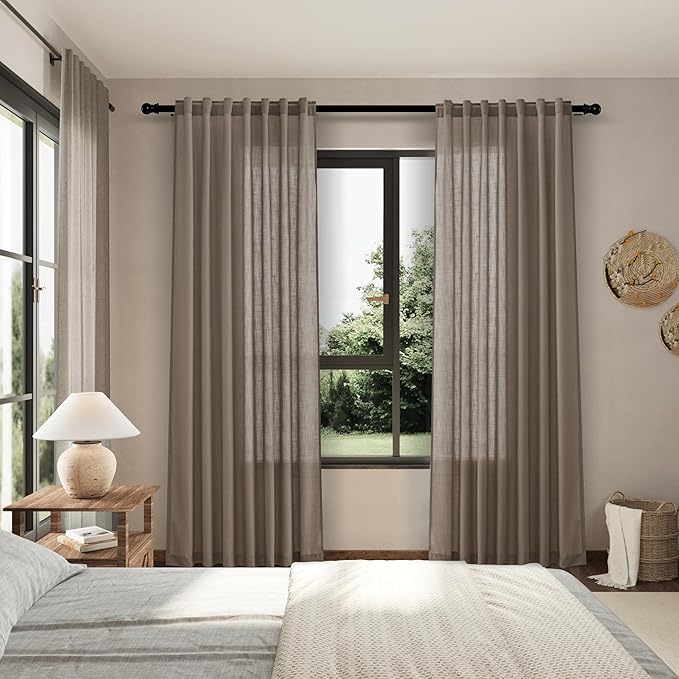 Nanspring Dark Taupe Curtains 80 Inches Length for Living Room Back Tab Rod Pocket Semi Sheer Linen Drapes Muted Neutral Boho Linen Textured Window Curtain for Dining Room Bedroom 52X80 Inches