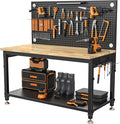 48" Heavy Duty Work Bench Adjustable Height Max Load 2000 LBS with Storage Shelf for Garage Workbench, Rubberwood Tabletop with Pegboard, LED Light, Built-in Power Strip for Woodworking Shop