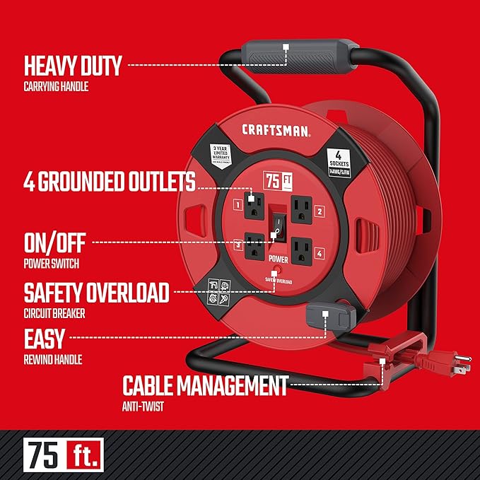 CRAFTSMAN 75 Ft Retractable Extension Cord Reel with 4 Outlets, On/Off Switch, Light Indicator & Heavy-Duty 14AWG SJTW Cable, CSA Certified Outdoor Cord Reel
