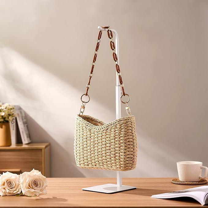 Purse Holder Handbag Display Stand: Hanger Rack Showing Bags, Purses, and Wreath, Adjustable Hook Stand for Tabletop, Closet, Desk, and Retail Use for Vendors, White
