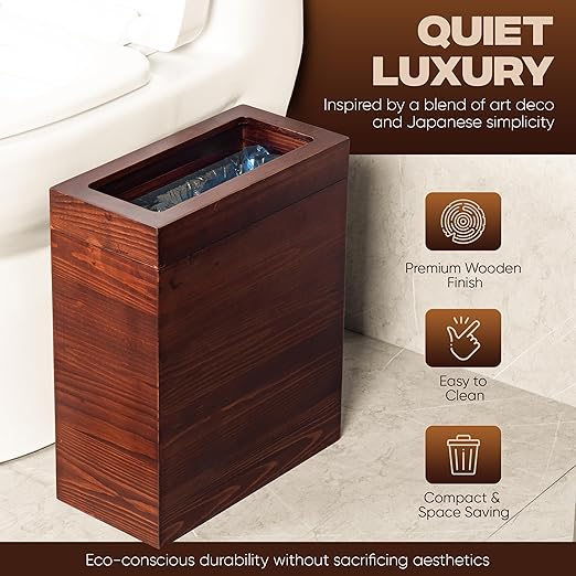 2.3 Gallons Rectangular Wooden Trash Can | Trash Can with Bin Liners | Decorative Waste Basket | Recycling Bin for Bathroom | Natural Wood Finish Basket for Kitchen | Paper Basket for Office