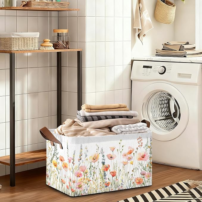 32L Large Storage Bins with Handles, Basket Organizer for Shelves, Closet, Books, Laundry & Home Decor (Flower Cluster)