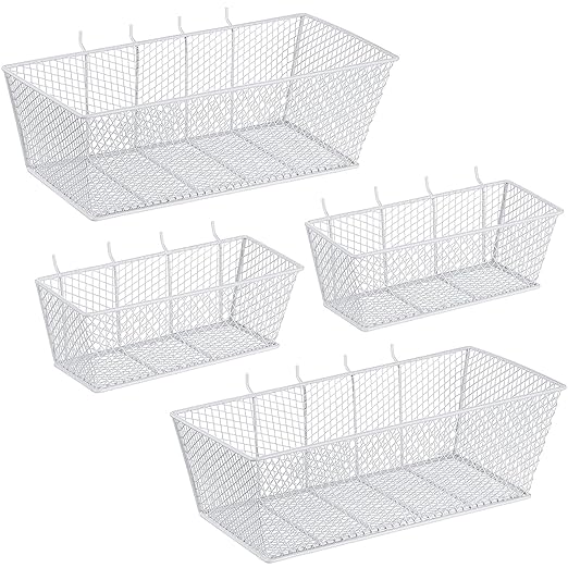 Sieral 4 Pcs Pegboard Baskets Metal Wire Shelf Baskets Peg Board Organizer Accessories Wall Mount Organizer Attachments for Garage Workbench Various Tool Accessories, 2 Sizes (White,Medium, Large)