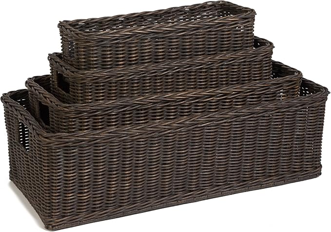 The Basket Lady Long Low Wicker Basket, Medium, 20.5 in L x 9.5 in W x 6 in H, Antique Walnut Brown