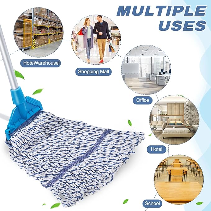 Nuogo 10 Pcs Commercial Mop Head Replacement Floor Cleaning Wet Heavy Duty Commercial Mop Refills General Cleaning(27.6 Inch,White, Blue)