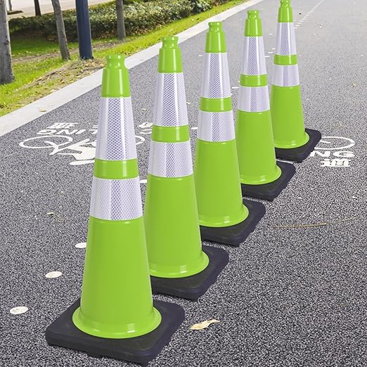 Fluorescent Green PVC Traffic Cones, Heavy Black Base Parking Lot Cone Structurally Stable Weatherproof Road Construction Safety Cones (8, Green, 28" Large)