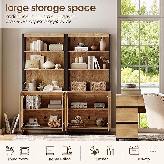 WAMPAT 3 PCS Modern 72" Tall Bookcases with Glass Doors and Adjustable Shelves, Library Book Shelf with Storage Cabinet and Open Book Shelfs, Wood Bookshelves for Home Office, Living Room, Oak