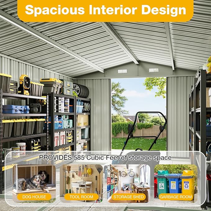 10x12 FT Outdoor Storage Shed with Floor Foundation & Lockable Double Doors, Heavy-Duty Galvanized Steel Outdoor Metal Shed for Bike, Tool Storage in Backyard, Patio (10’x12’, Floor Base)