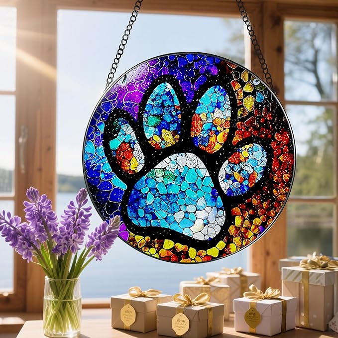 Stained Glass Window Hanging, DOUHASU Pet Memorial Suncatcher Ornament, Dog Memorial Gifts for Loss of Dog, Pet Lovers Gifts, Thoughtful Dogs and Cats Remembrance, Bereavement Gift