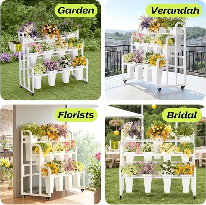 Flower Display Stand with 11 Buckets, Moving Florist Bouquet Shelf, Upgrade 360° Swivel Wheels and Brake, Flower Cart 3 Layers for Indoor, Outdoor Patio Garden, Living Room, Florist (White)
