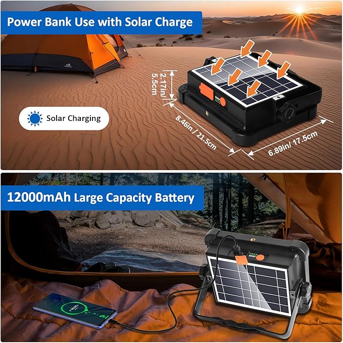 100W Rechargeable Work Light, 12000mAh Solar Work Lights, 336 LEDs Flood Light, 4 Lighting Modes& Stepless Dimming, Portable for Camping, Car Repair, Power Cut, Emergency