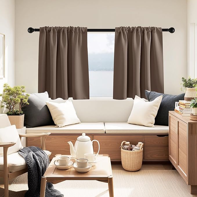 PONY DANCE Blackout Short Cafe Curtains for Bathroom - Light Block Privacy Drapes for Kitchen,Bedroom Window Decor, W 29 x L 24, Mocha, 1 Pair