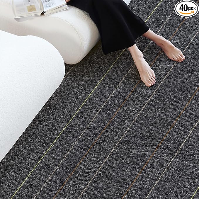 40 Tiles 20"x20" Carpet Tiles (107 sqft/Carton) - Non-Slip, Non-Adhesive, Padded Square Flooring for Home & Office - Easy DIY Installation, Seamless Look, Indoor & Outdoor Use