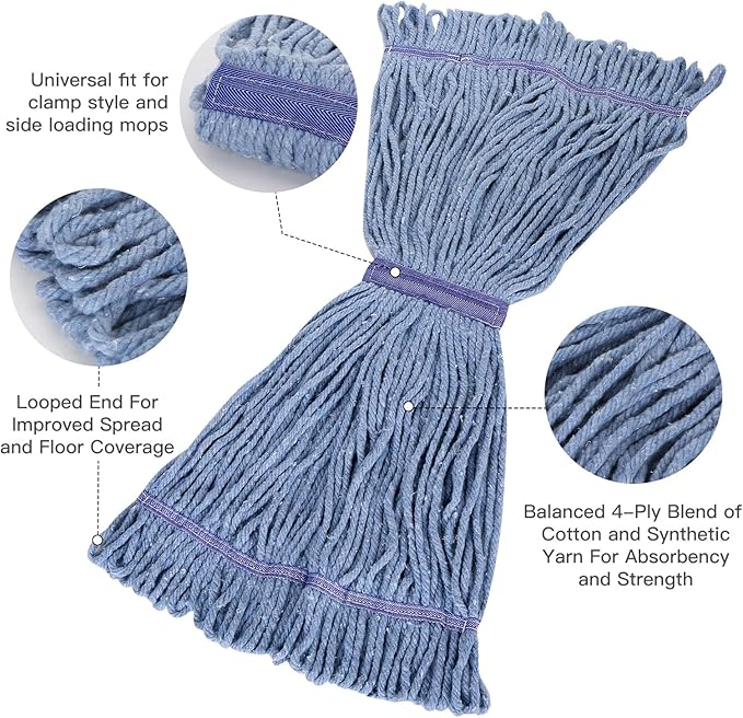 Commercial Mop Head Replacement,Industrial Wet Mop Refills with Cotton Looped End String for Floor Cleaning Heavy Duty,Pack of 6,Blue