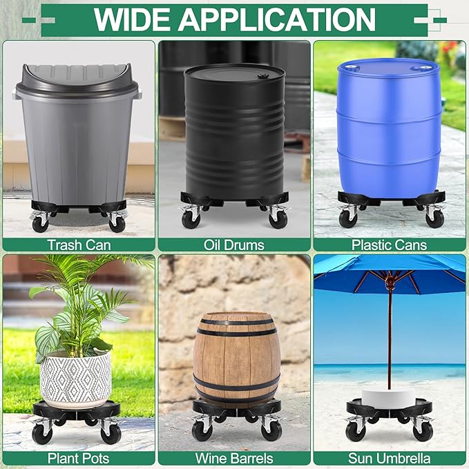 ToLanbbt Trash Can Dollies with 3 in Upgraded Wheels, 15-19 in Adjustable Round Furniture Dollies Heavy Duty 480 LBS Drum Rolling Base Keg Carts for 20, 32, 44, 55 Gallon Garbage Cans, Black, 2 PCS