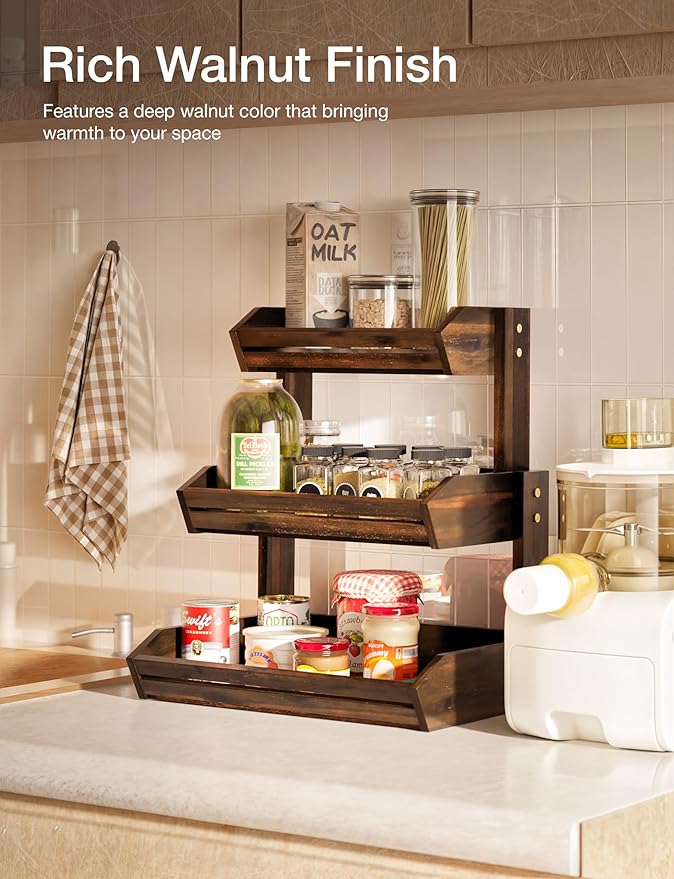 HOLANA Acacia 3 Tier Fruit Basket for Counter – Wooden Fruit Bowl for Kitchen Counter Organizer, Vegetable & Produce Storage, Wooden Basket & Snack Organizer for Countertop Storage (Walnut)