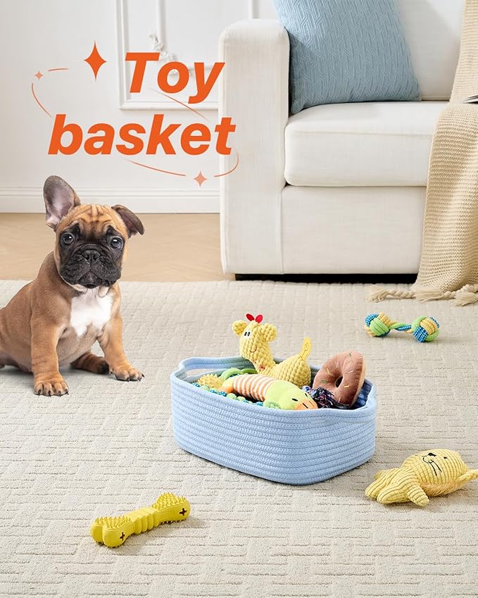KALLAX Small Woven Basket, 12 x 8 x 4.5 Inches, Small Storage Baskets for Organizing, Gift Baskets Empty, Cute Rope Shelf Closet Storage Bins for Shelves, Dog Toy Basket, Light Blue