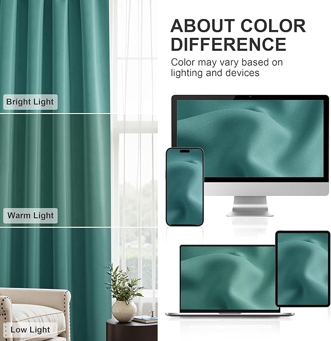 PONY DANCE Rod Pocket Curtains - 42 x 54 inches Sea Teal Blackout Curtain Panels Window Covering Thermal Insulated Light Block for Kitchen Bathroom Privacy Protect Drapes, 2 Pieces