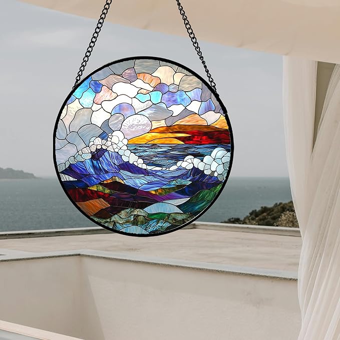 Stained Glass Window Hanging, Abstract Colorful Ocean Waves Landscape Suncatcher for Doors Window Home Sun Catchers Decor Mother's Day Birthday Gifts for Women, Men Mom 11.8 in