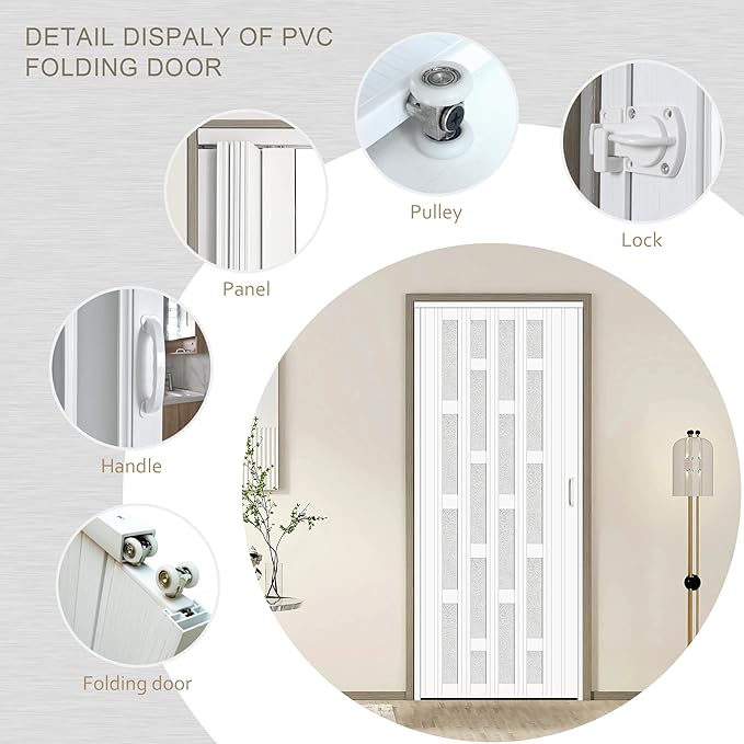 30X79in Frosted Acrylic Glass PVC Accordion Folding Door for Closet,Multifold Interior Door with Installation Hardware,Includes Handle and Latch,White Beech