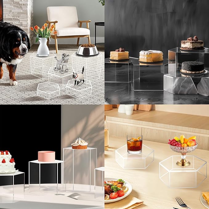 6 Pcs Buffet Risers, Dessert Stands, Acrylic Boxes for Display, Hexagonal Jewelry Showcase, Riser Display Cases Acrylic Display Base, Clear