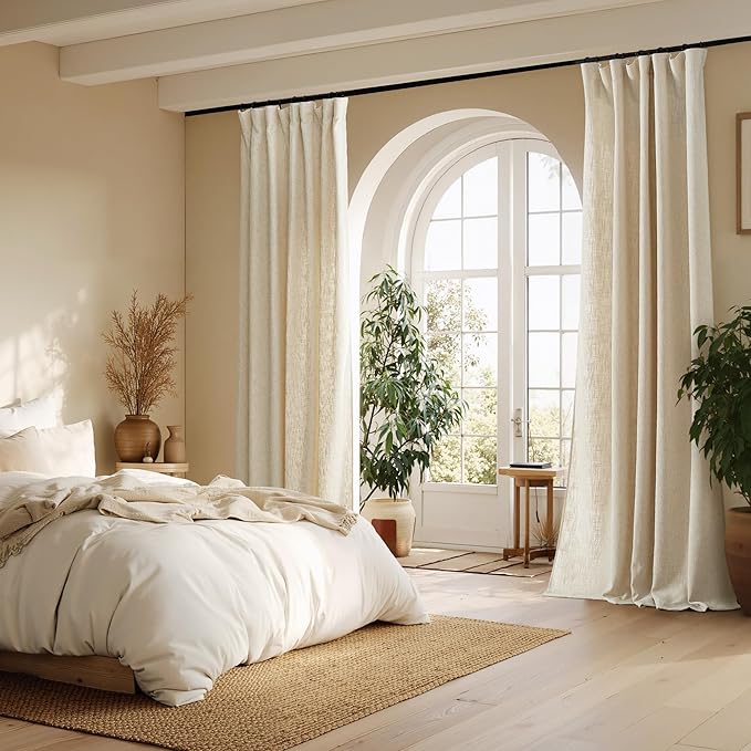NICETOWN Natural Thick Linen Curtains 96 Inches Long for Living Room 2 Panels Set, Back Tab/Rod Pocket with Pleat Tape Privacy Added Window Treatments for Farmhouse/Bedroom, W55 x L96