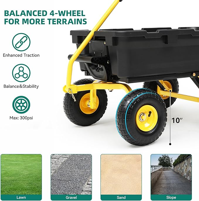 800LB Garden Dump Cart, 4 Wheel Wheelbarrow with 10”Tires, Heavy Duty Dump Cart Wagon with Quick-Release System & 10" Non-Flat Tires, Steel Frame Utility Cart for Yard, Farm, Hauling Firewood