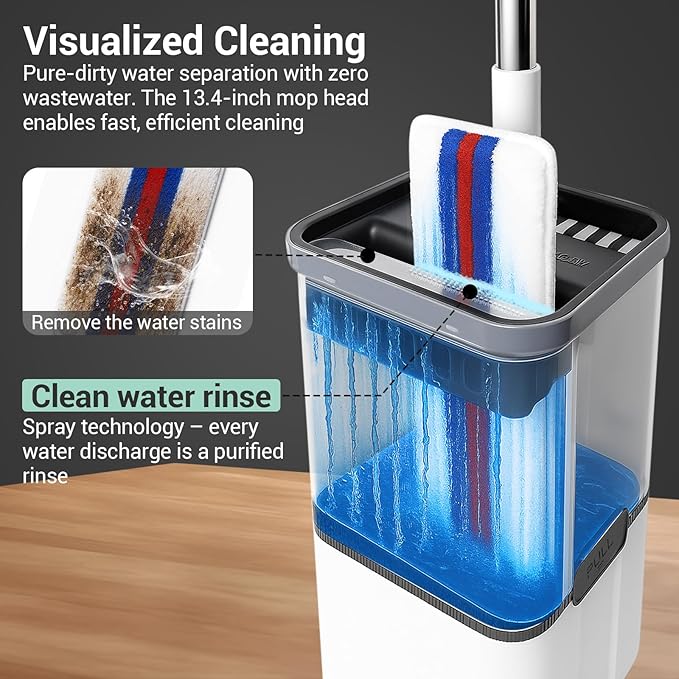 Push-Pull Wringer Mop and Bucket Set, 13.9" Extra Wide Head for Whole House Deep Cleaning, Pet Hair/Stain Removal, Independent Waste Water Tank, 360° Swivel Handle for Hardwood/Tile/Laminate Floors