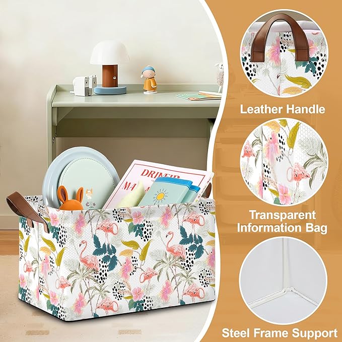 Storage Bin with Handles, Forest Pink Flamingo Collapsible Laundry Baskets for Books, Laundry - Use in Nursery, Closet Organizers and Storage, Blanket Basket