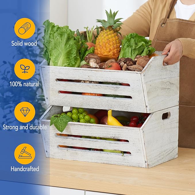 ELONG HOME Wooden Crate, 2 Pack Fast Assemble Wooden Crate for Storage, Decorative Farmhouse Wooden Crate Basket, Vintage Wood Crates Display for Fruits and Vegetables