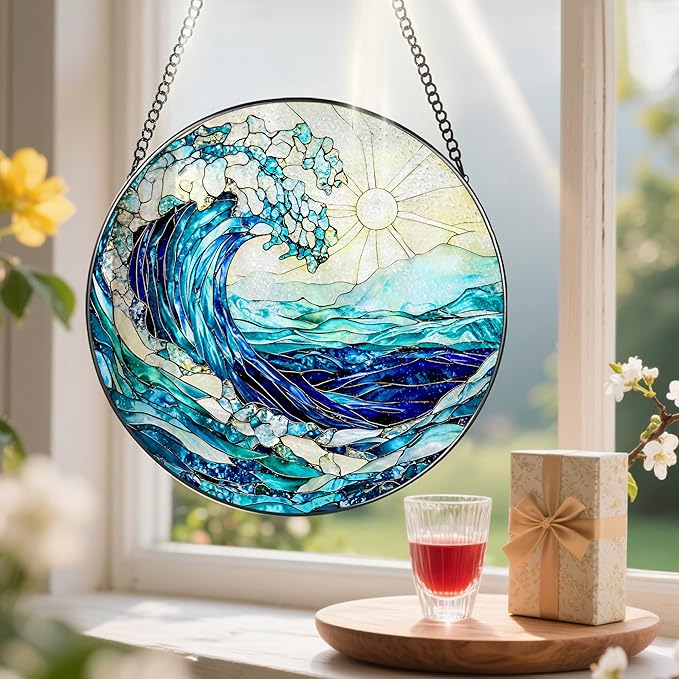 Stained Glass Window Hanging, 8 Inch Ocean Waves Stained Glass Suncatcher, Window Hanging Decor, Beach Decor, Ocean Suncatcher Gift, Beach Lover Gift, Gifts for Couples Friends Family