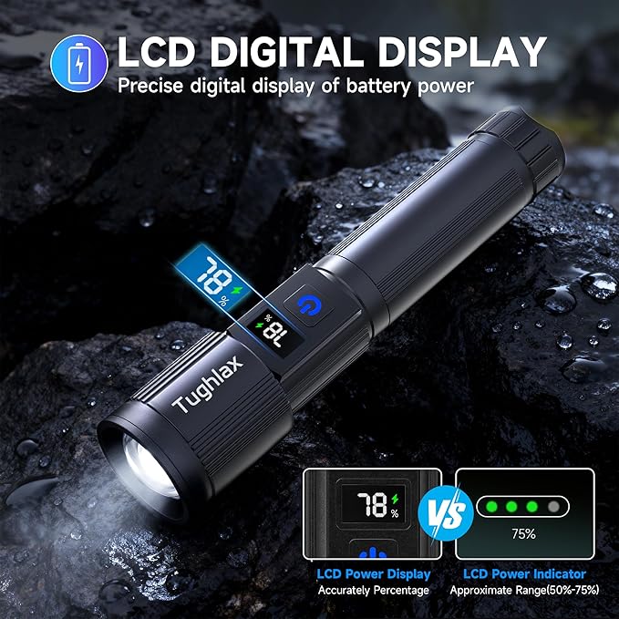 4Pack Rechargeable Flashlights High Lumens 9900LX, LED Flashlight Rechargeable with LCD Digital Display, 5Modes Adjustable Flash Light, Super Bright Flashlight Powerful, Tactical Flashlights for Home