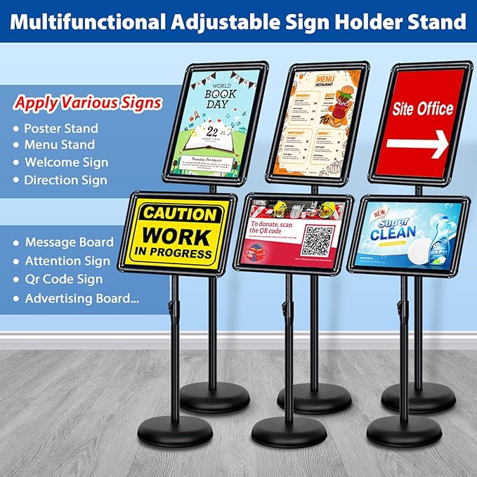 11x17 Inch Adjustable Pedestal Poster Sign Stand, Heavy Duty Floor Standing Sign Holder Stand Aluminum Snap Open Frame for Vertical and Horizontal View Sign Displayed (Black, Round)