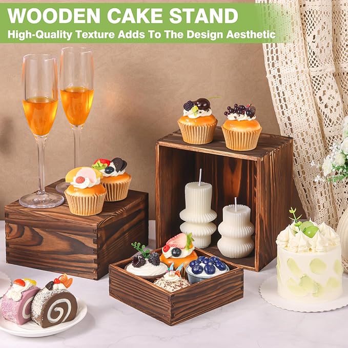 3 Pack Wood Cake Cupcake Stand Buffet Risers, Wooden Display Stand Wood Display Riser, Square Food Display Risers for Party Wedding Birthday Home (6" 7" 8")
