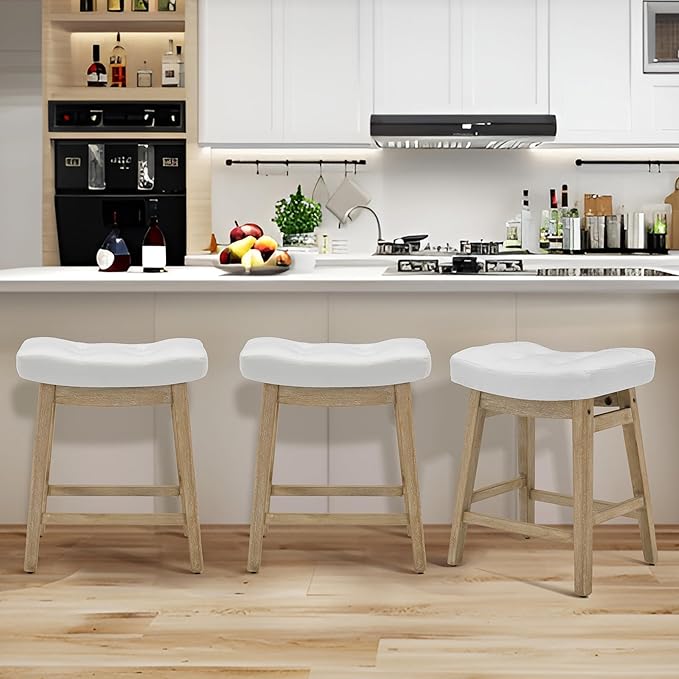 Counter Height White Bar Stools Set of 2 for Kitchen Counter Farmhouse Modern Barstools with Faux Leather Upholstered Backless Seat and Solid Wood Legs 24 inch Bar Chairs, White + Wood Color