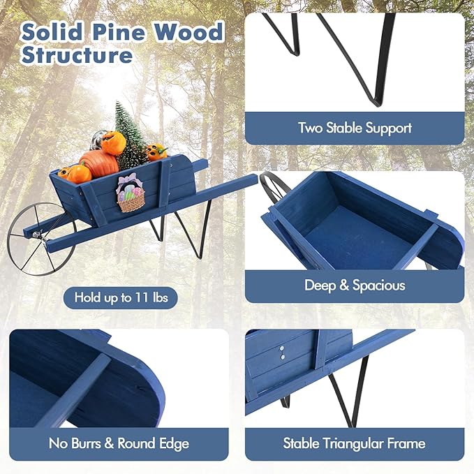 Wooden Wagon Planter, Flower Cart Display Stand w/Metal Wheels & Removable Magnetic Decoration, Wagon Decorative Garden Planter for Plants & Seasonal Displays, Pine Wood (Blue)