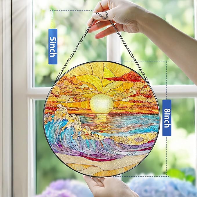 8-Inch Stained Glass Ornament, Stained Glass Window Hanging, Window Hanging Decor Suncatcher, Sunset on The Beach Ornament | Beach Gift, Gifts for Sunset Lovers, Friend, Family & Colleague
