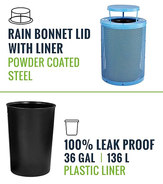 Alpine Outdoor Trash Can 36 Gallon Diamond Steel Commercial Metal Waste Bin with Leak Proof Liner, Heavy Duty Steel Mesh Design, Rain Bonnet Lid & Flat Lid for Parks, Streets, and Public Spaces-Blue