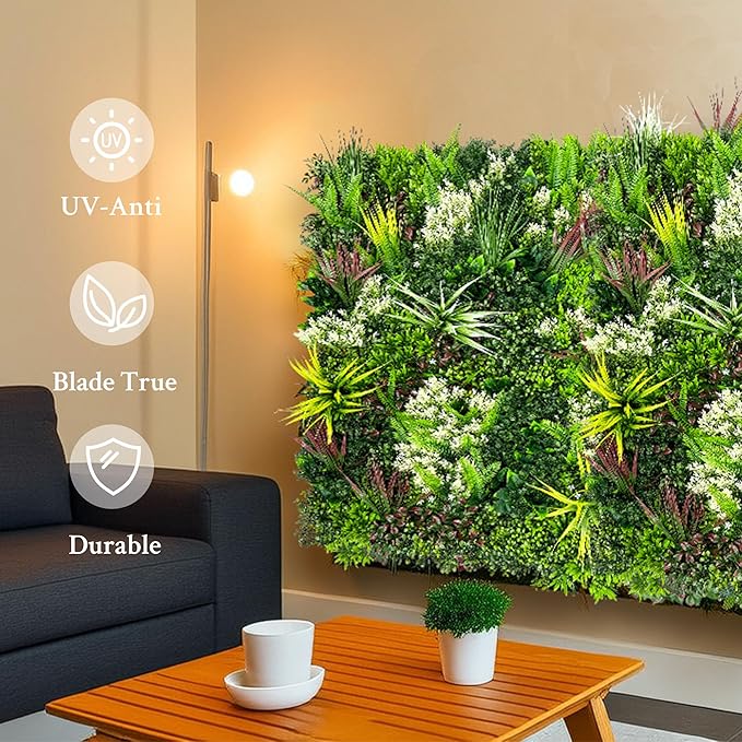 Artificial Plant Wall Panels: 20"×20" 4P UV-Anti Faux Grass Wall Backdrop Boxwood Ivy Fence Privacy Screen Fake Greenery Leaf Hedge for Outdoor,Indoor,Garden,Backyard and Home Decor