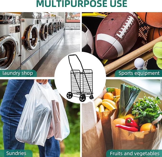 YITAHOME Folding Shopping Cart with Wheels, Rolling Foldable Grocery Cart for Seniors, Portable Collapsible Utility Cart for Shopping Groceries Laundry Storage Organizer