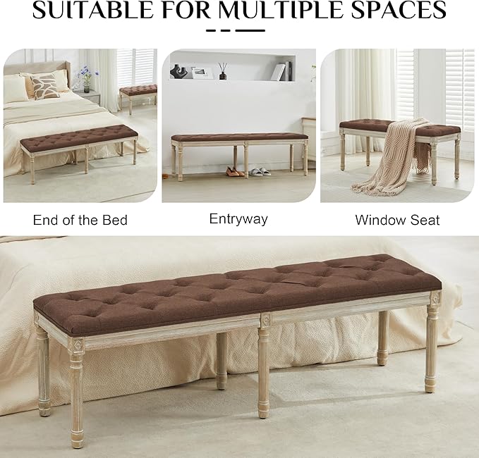 LOULENS 57.7" Linen Fabric End of Bed Bench, French Upholstered Button Tufted Bench for Bedroom End of Bed, Window Seat with Carved Wood Legs for Bedroom, Living Room, Entryway, Brown