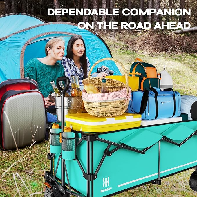 Navatiee 300L Collapsible Wagon Cart Foldable Extra Large, 48''L Folding Extended Beach Wagon with 440LBS Weight Capacity and Big All-Terrain Wheels, Heavy Duty Utility Garden Cart for Sports Outdoor