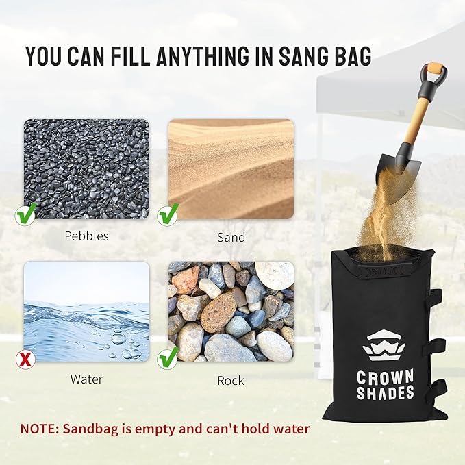 CROWN SHADES Sand Bags for Canopy Legs (150 LBS) Sandbags for Weight, Canopy Weights, Pop Up Tent Weights Bags, Black (Unfilled)